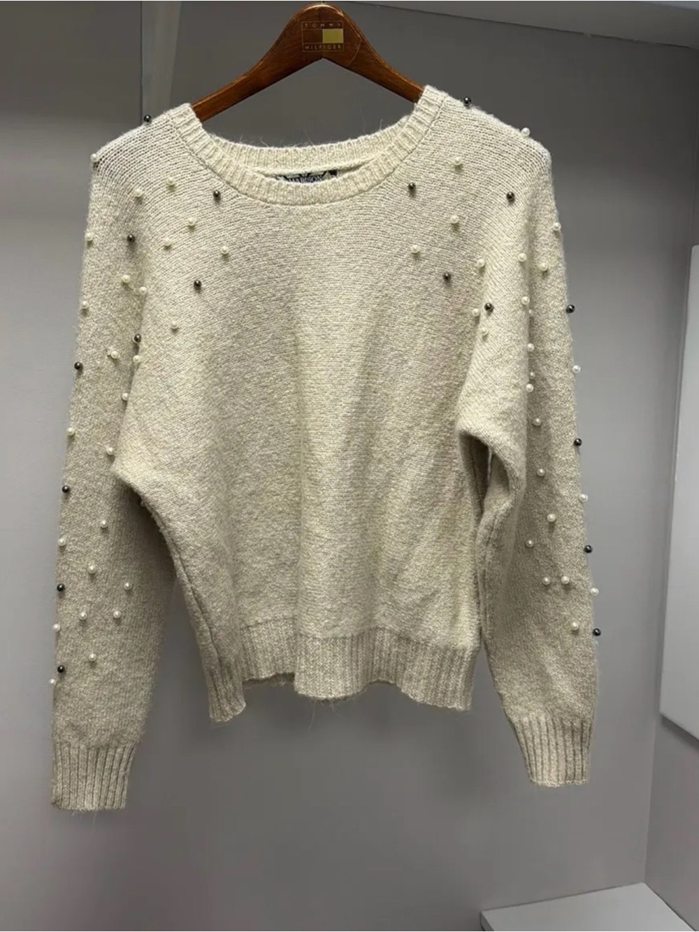 Pearl-Embellished Cream Crewneck Sweater